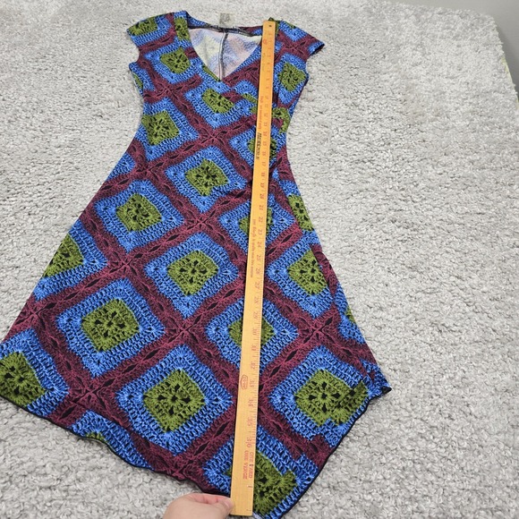 La Belle Womens Faux Wrap V Neck‎ Dress Size Medium Blue Green Red Retro Y2K USA - Picture 9 of 10